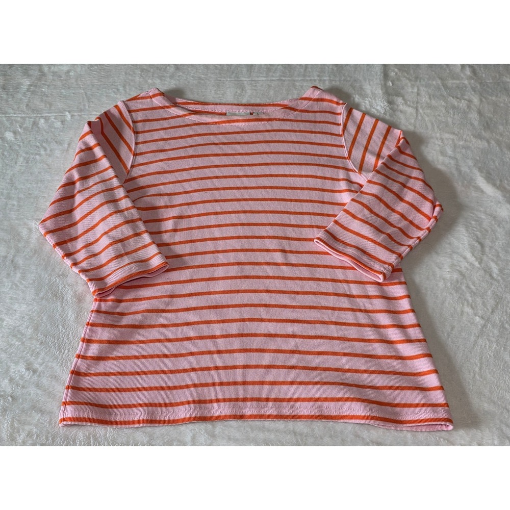 L.L. Bean Womens Large Pink Orange Striped Boatneck 3/4 Sleeve Ribbed Knit Top
